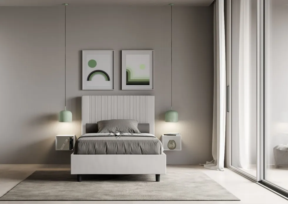Letto 120x210cm una piazza e mezzo con testiera a linee verticali bianco LIT223