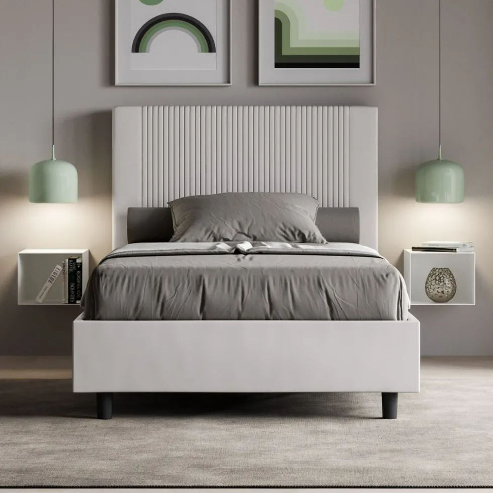 Letto 120x210cm una piazza e mezzo con testiera a linee verticali bianco LIT223
