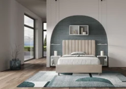 Letto 120x210cm una piazza e mezzo con testiera trapuntata in microfibra sabbia beige LIT235