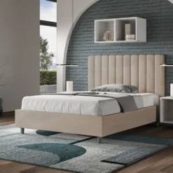 Letto 120x210cm una piazza e mezzo con testiera trapuntata in microfibra sabbia beige LIT235