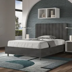 Letto 120x210cm una piazza e mezzo con testiera trapuntata in microfibra grigio LIT235