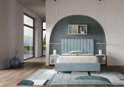 Letto 120x210cm una piazza e mezzo con testiera trapuntata in microfibra azzurro LIT235