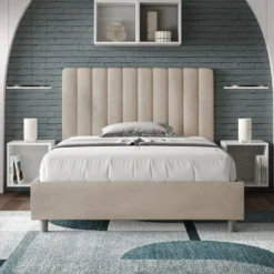 Letto 120x190cm una piazza e mezzo con testiera trapuntata in microfibra sabbia LIT227