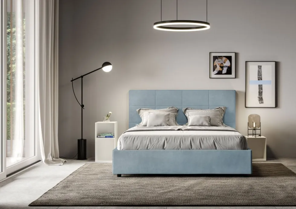 Letto 160x200 matrimoniale con giroletto imbottito in microfibra azzurro LIT451