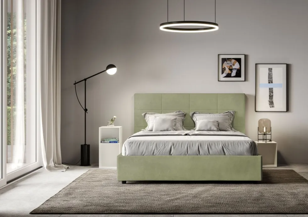 Letto 160x200 matrimoniale con giroletto imbottito in microfibra tè verde LIT451