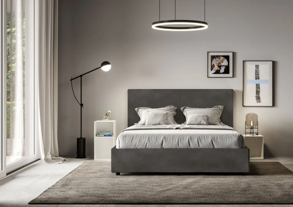 Letto 160x210 matrimoniale con giroletto imbottito in microfibra grigio LIT455