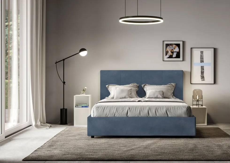 Letto 160x210 matrimoniale con giroletto imbottito in microfibra blu LIT455