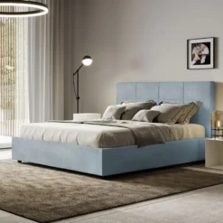 Letto 160x190 matrimoniale con giroletto imbottito in microfibra azzurro LIT447