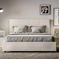 Letto 160x190 matrimoniale con giroletto imbottito in similpelle bianco LIT445
