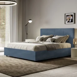 Letto 160x190 matrimoniale contenitore con giroletto imbottito in microfibra blu LIT448