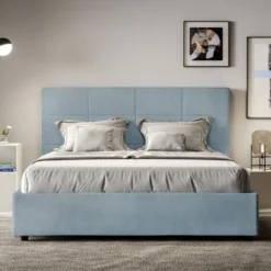 Letto 160x190 matrimoniale contenitore con giroletto imbottito in microfibra azzurro LIT448