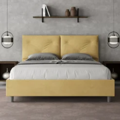 Letto 160x200 matrimoniale contenitore con testiera imbottita con tre bottoni microfibra ocra LIT440