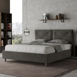 Letto 160x200 matrimoniale contenitore con testiera imbottita con tre bottoni microfibra grigio LIT440