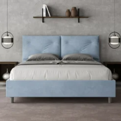 Letto 160x200 matrimoniale contenitore con testiera imbottita con tre bottoni microfibra azzurro LIT440