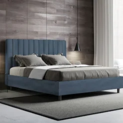 Letto 160x200 matrimoniale contenitore in microfibra con testiera effetto trapuntato blu LIT488