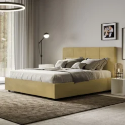 Letto 160x200 matrimoniale contenitore con giroletto imbottito in microfibra ocra LIT452
