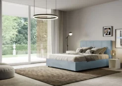 Letto 160x200 matrimoniale contenitore con giroletto imbottito in microfibra azzurro LIT452