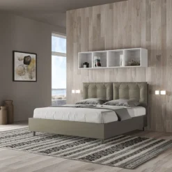 Letto 160x190 matrimoniale contenitore design trapuntato con testiera imbottita e bottoni cappuccino LIT428