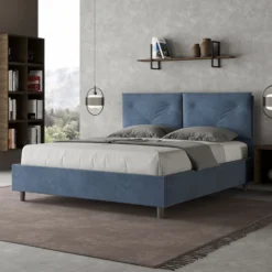 Letto 160x210 matrimoniale contenitore con testiera imbottita con tre bottoni microfibra blu LIT444