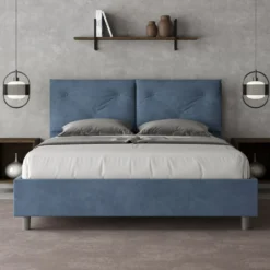Letto 160x210 matrimoniale contenitore con testiera imbottita con tre bottoni microfibra blu LIT444