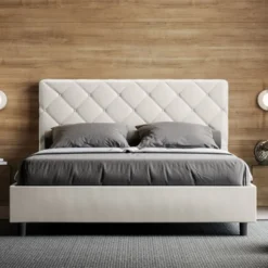 Letto 160x210 matrimoniale contenitore con testiera trapuntata design a rombo con bottoni bianco LIT474