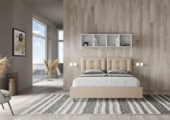 Letto 160x210 matrimoniale contenitore design trapuntato con testiera imbottita e bottoni tortora LIT432