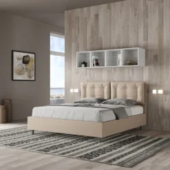 Letto 160x210 matrimoniale contenitore design trapuntato con testiera imbottita e bottoni tortora LIT432