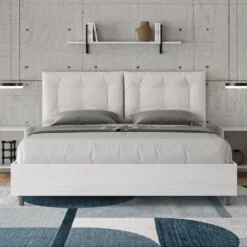 Letto 160x210 matrimoniale contenitore design trapuntato con testiera imbottita e bottoni bianco LIT432