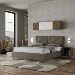 Letto 160x210 matrimoniale contenitore con testiera imbottita con tre bottoni similpelle cappuccino LIT442