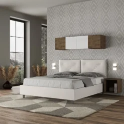 Letto 160x210 matrimoniale contenitore con testiera imbottita con tre bottoni similpelle bianco LIT442