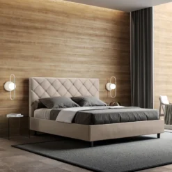 Letto 160x200 matrimoniale contenitore con testiera trapuntata design a rombo con bottoni tortora LIT472