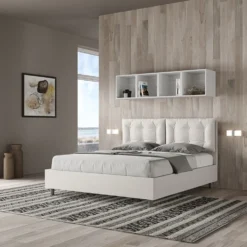 Letto 160x200 matrimoniale contenitore design trapuntato con testiera imbottita e bottoni bianco LIT430