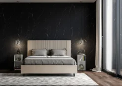 Letto 160x210 matrimoniale contenitore in similpelle e testiera linee verticali tortora LIT480