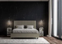 Letto 160x210 matrimoniale contenitore in similpelle e testiera linee verticali cappuccino LIT480