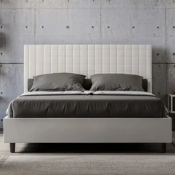 Letto 160x190 matrimoniale contenitore con testiera a quadretti in similpelle bianco LIT464