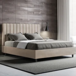Letto 160x190 matrimoniale contenitore in microfibra con testiera effetto trapuntato sabbia beige LIT484