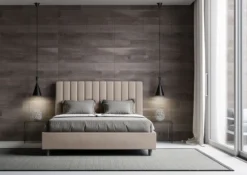 Letto 160x210 matrimoniale contenitore in similpelle con testiera effetto trapuntato tortora LIT490