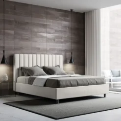 Letto 160x210 matrimoniale contenitore in similpelle con testiera effetto trapuntato bianco LIT490