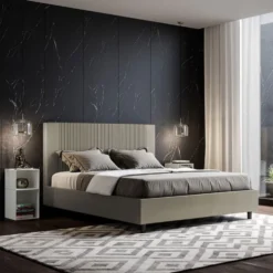Letto 160x190 matrimoniale contenitore in similpelle e testiera linee verticali cappuccino LIT476