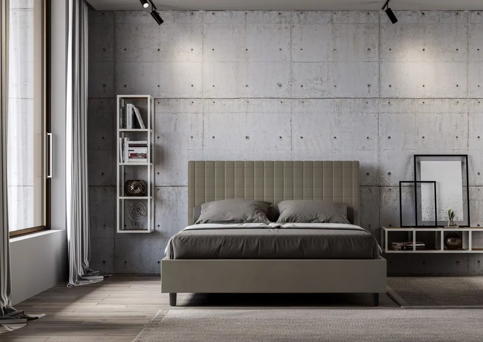 Letto 160x200 matrimoniale contenitore con testiera a quadretti in similpelle cappuccino LIT466