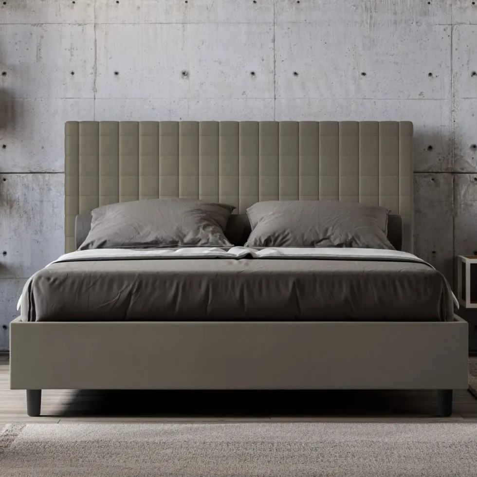 Letto 160x200 matrimoniale contenitore con testiera a quadretti in similpelle cappuccino LIT466