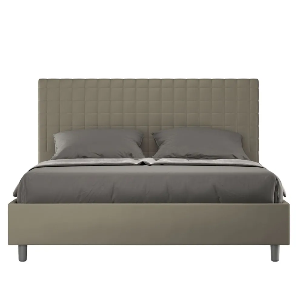 Letto 160x200 matrimoniale contenitore con testiera a quadretti in similpelle cappuccino LIT466