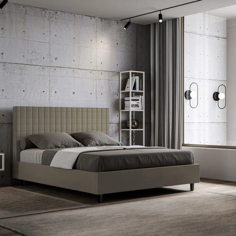 Letto 160x200 matrimoniale contenitore con testiera a quadretti in similpelle cappuccino LIT466