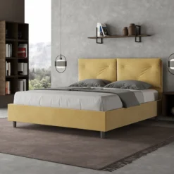 Letto 160x190 matrimoniale con testiera imbottita con tre bottoni microfibra ocra LIT435
