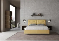 Letto 160x190 matrimoniale con testiera imbottita con tre bottoni microfibra ocra LIT435