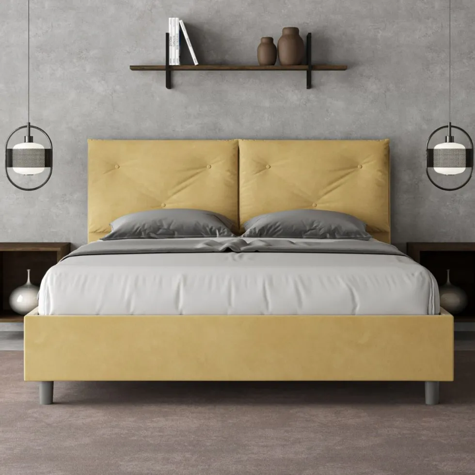 Letto 160x190 matrimoniale con testiera imbottita con tre bottoni microfibra ocra LIT435