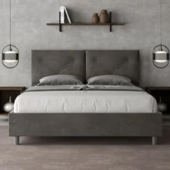 Letto 160x190 matrimoniale con testiera imbottita con tre bottoni microfibra grigio LIT435