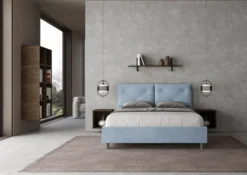 Letto 160x190 matrimoniale con testiera imbottita con tre bottoni microfibra azzurro LIT435