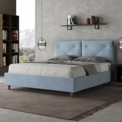 Letto 160x190 matrimoniale con testiera imbottita con tre bottoni microfibra azzurro LIT435