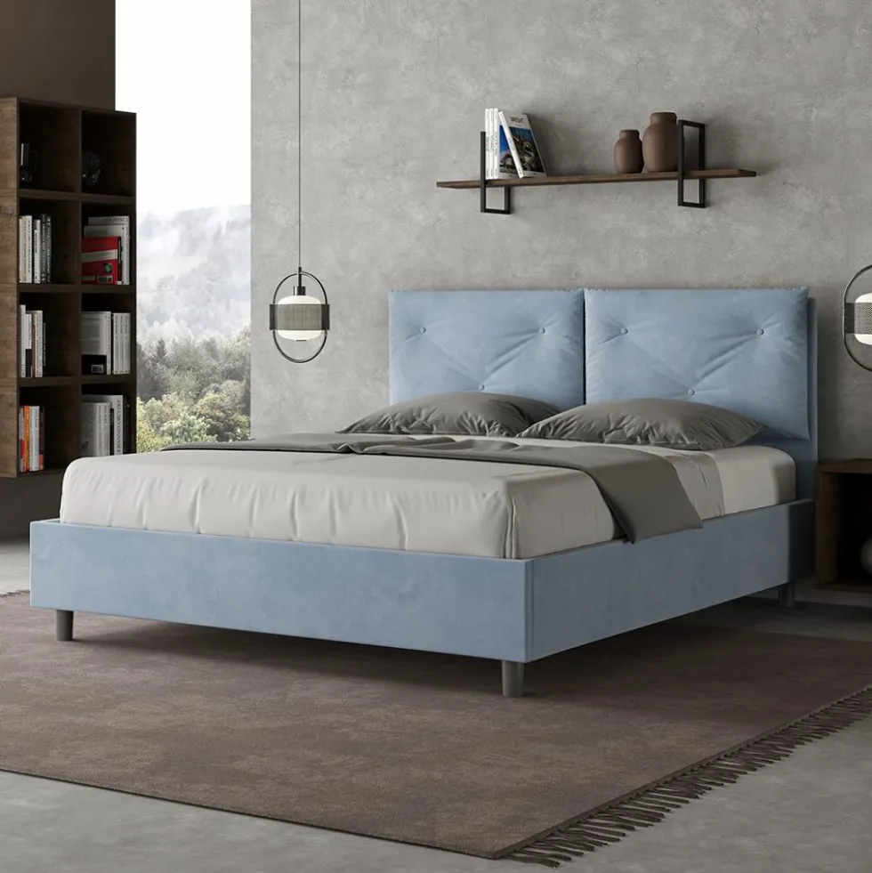 Letto 160x190 matrimoniale con testiera imbottita con tre bottoni microfibra azzurro LIT435